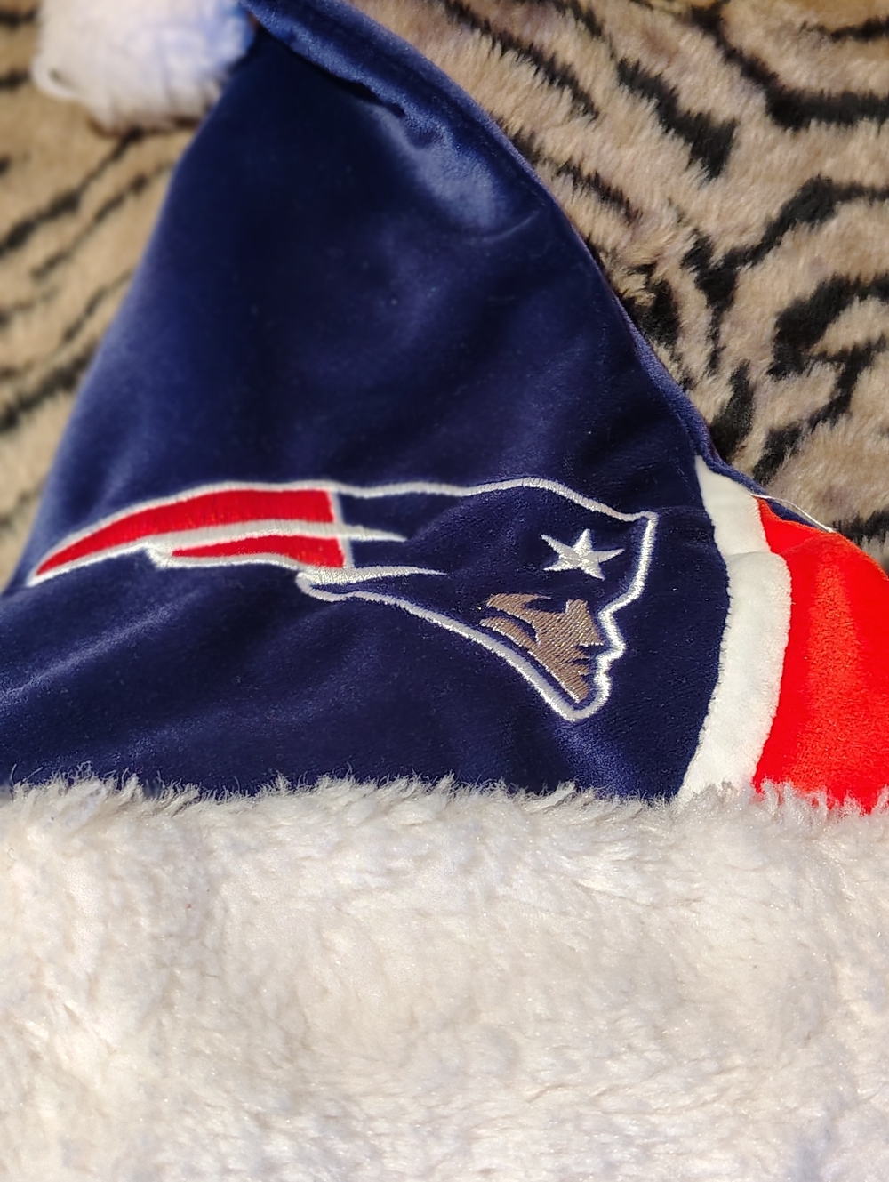 NFL Team Holiday Santa Hat in Navy, Red, White Patriots.